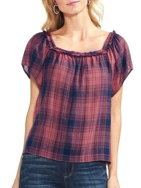 Vince Camuto Red and Navy Plaid Blouse - Size L